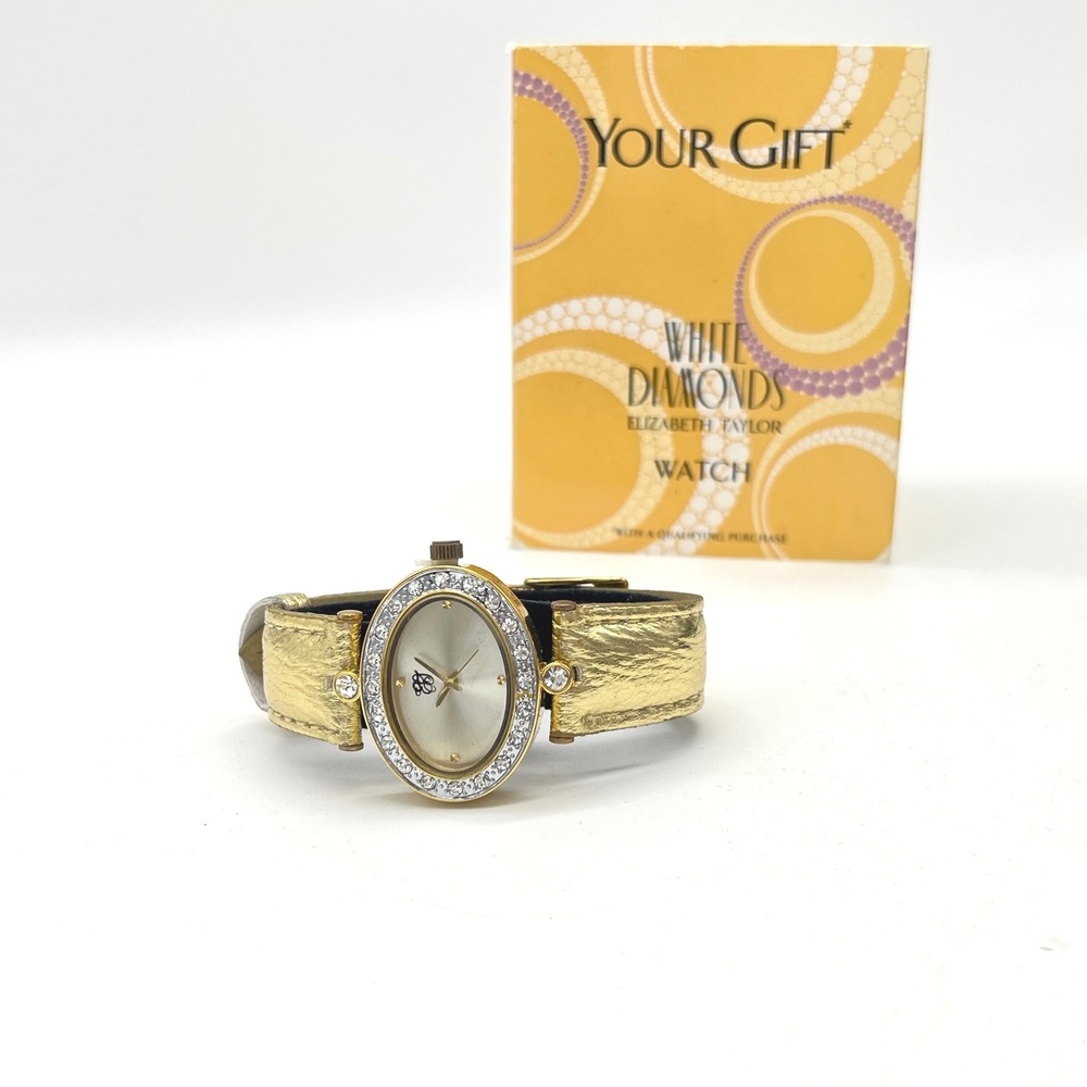 Elizabeth Taylor White Diamonds Watch Gold Tone Rhinestone Oval Face Vintage Box